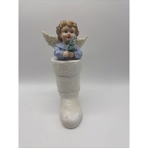 Glitter Angel in Boot Figurine Vintage Shimmery Christmas Holiday Decor